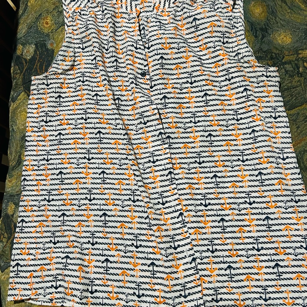Nine West Black, White, and Orange Patterned Button Down Shirt